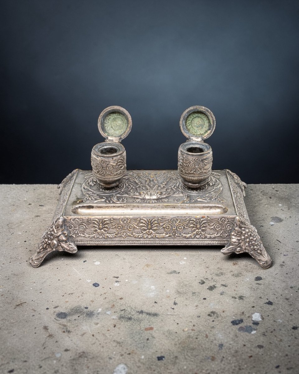 Silver-plated Metal Inkwell – 19th Century-photo-1